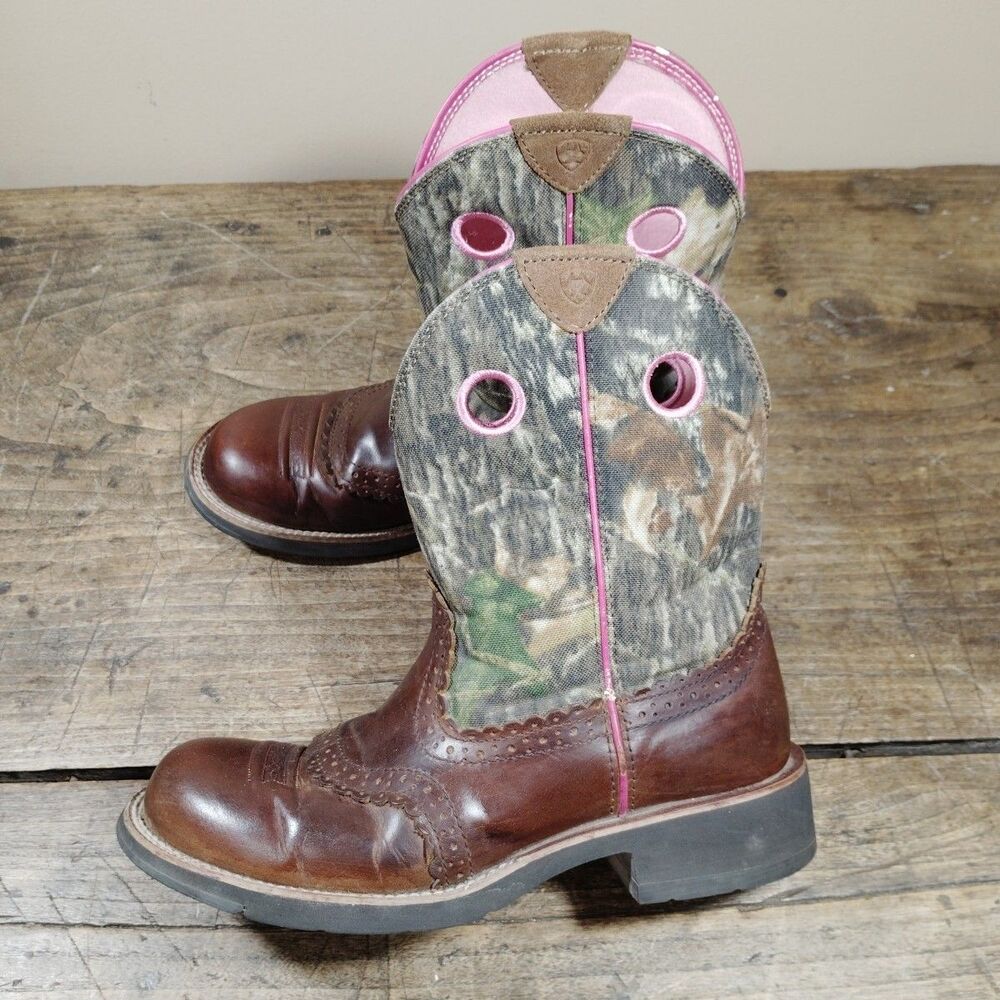 Ariat Boots Sz 10B Brown Leather Fatbaby Camo Western Pink Trim 10006854